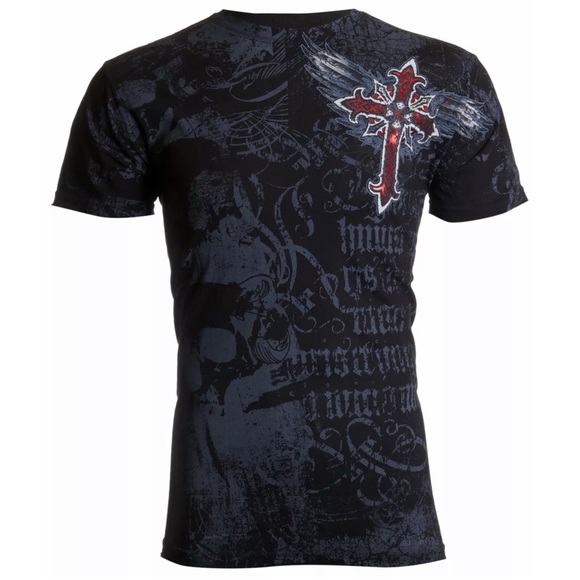 Archaic Affliction Men's T-Shirt RED FLAG Cross Wings Biker Black S-5XL - Picture 2 of 7